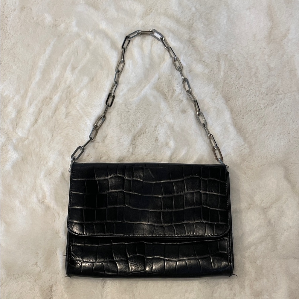 Black Croc Embossed Chain Shoulder Bag